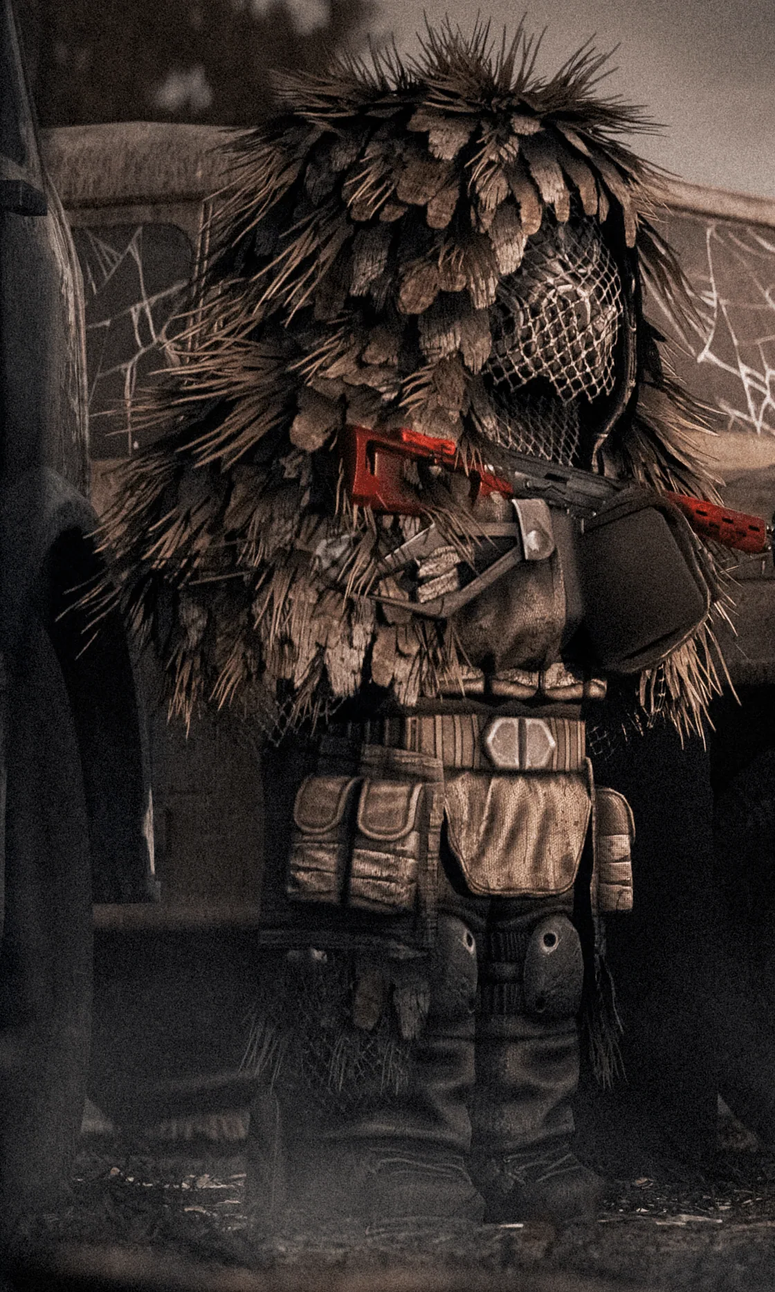 A Rise fighter in a shaggy ghillie suit, from the official STALZONE faction line-up